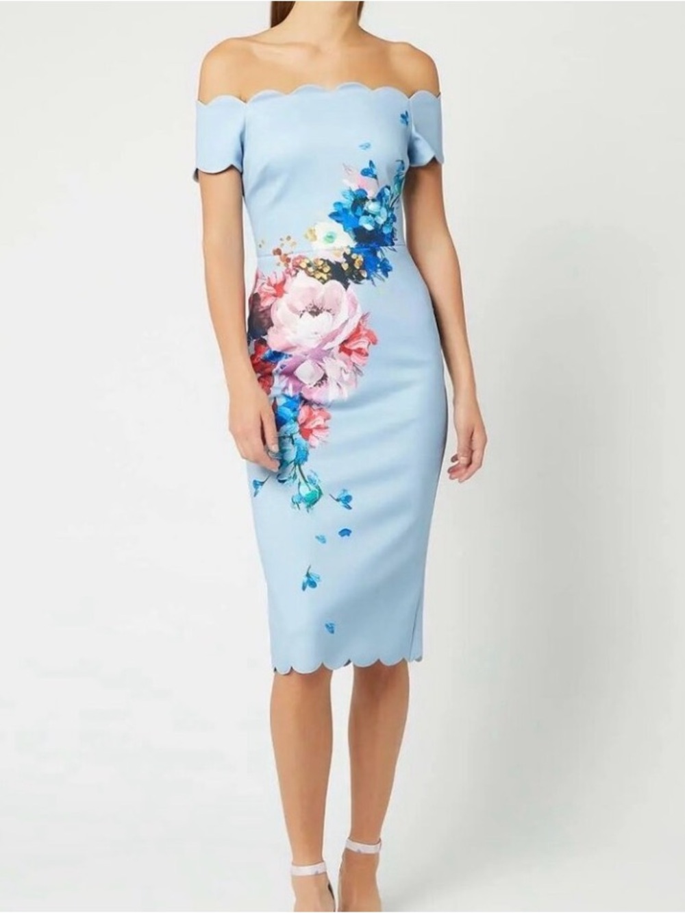 Ted Baker Hailly Raspberry Ripple Bardot Light Blue Midi Dress Floral Sz US 6